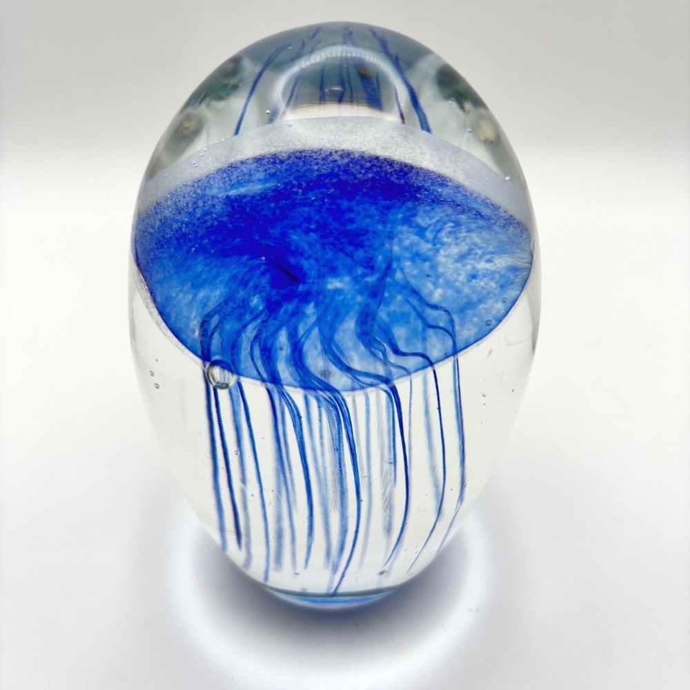 Dynasty Gallery Blue Jellyfish Glass Paperweight Egg Shaped Art Glass Nautical